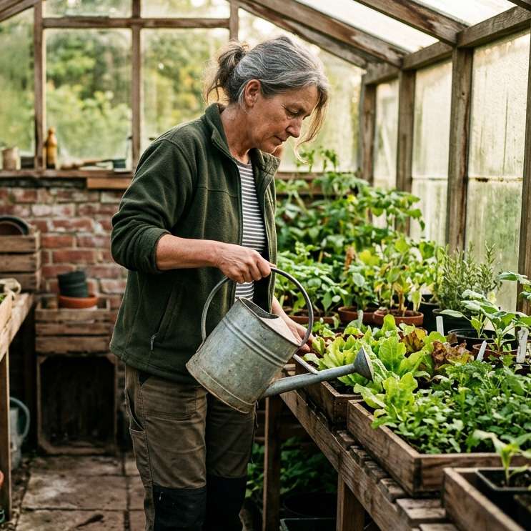greenhouse | Perchpole Media Older woman in a green jacket watering leafy plants in a wooden greenhouse planter area