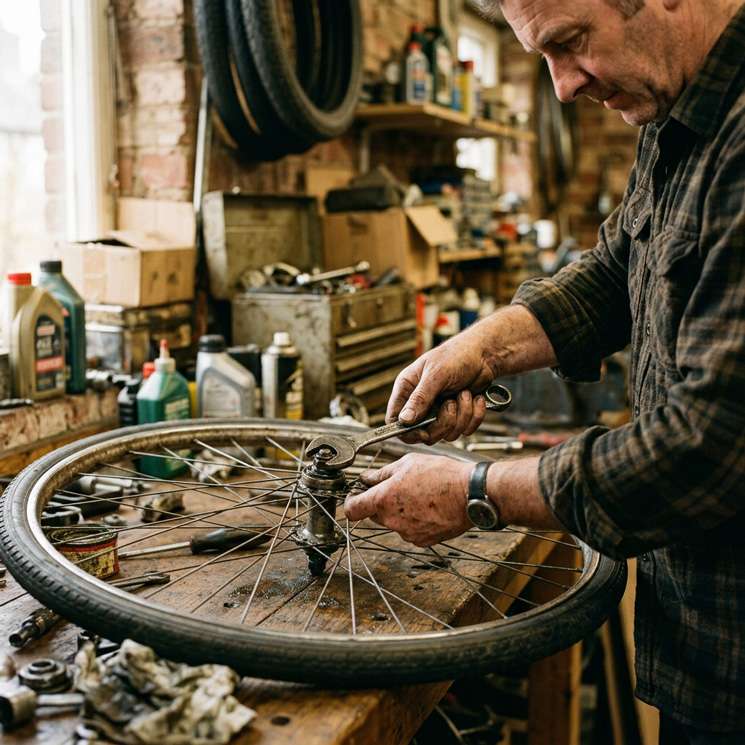 repair | Perchpole Media Man in a plaid shirt repairing a bicycle wheel at a cluttered workshop bench, using a wrench on the axle.
